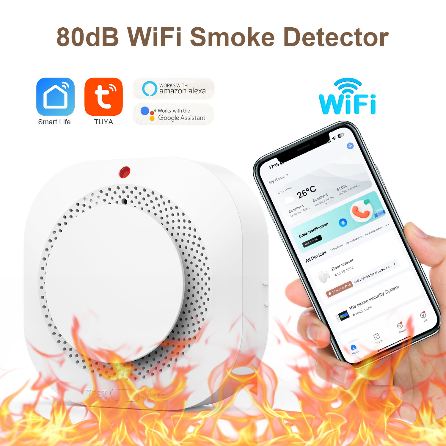 Smoke Detector Interconnected - WiFi Fire Protection Smoke Sensor Alarm